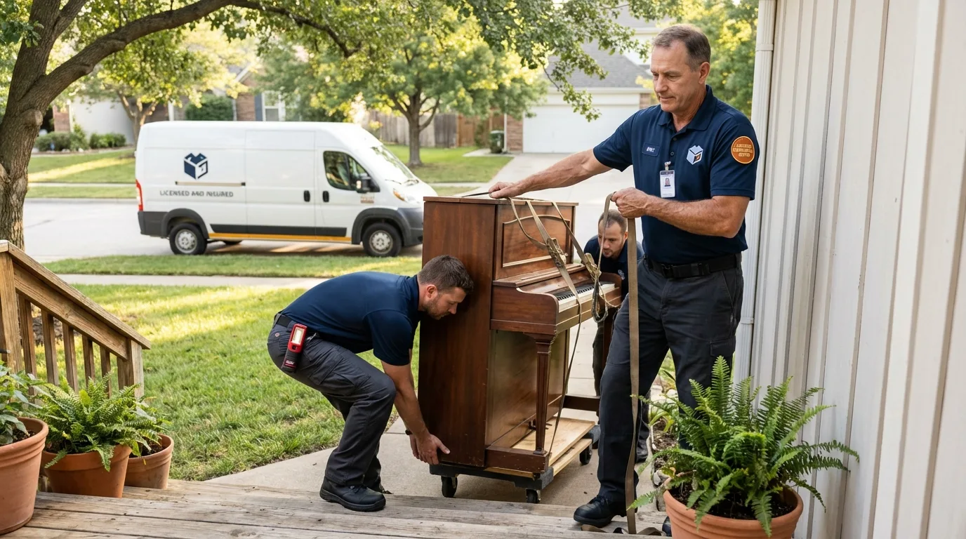 Licensed piano movers securing grand piano in Starksboro, VT