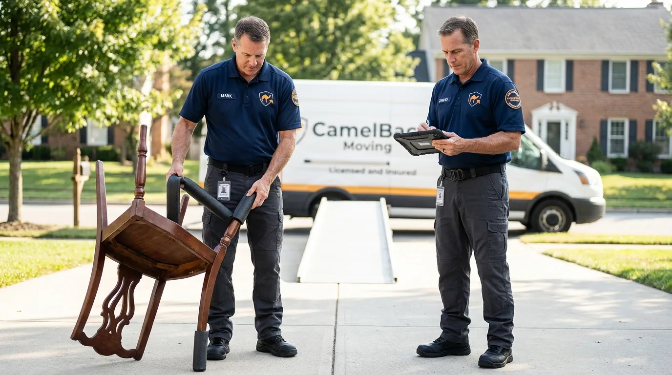 Movers inspecting furniture for damage prevention before loading in Starksboro, VT
