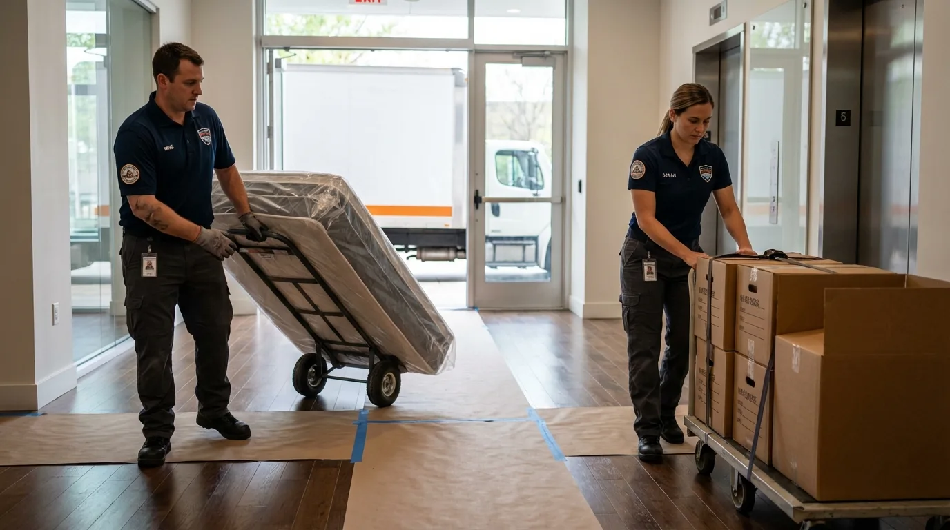 Professional apartment movers loading elevator in Starksboro, VT
